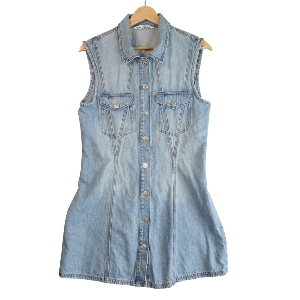 ZARA Denim Mini Dress Womens M Light Blue Sleeveless Snap Up Western Boho Vest